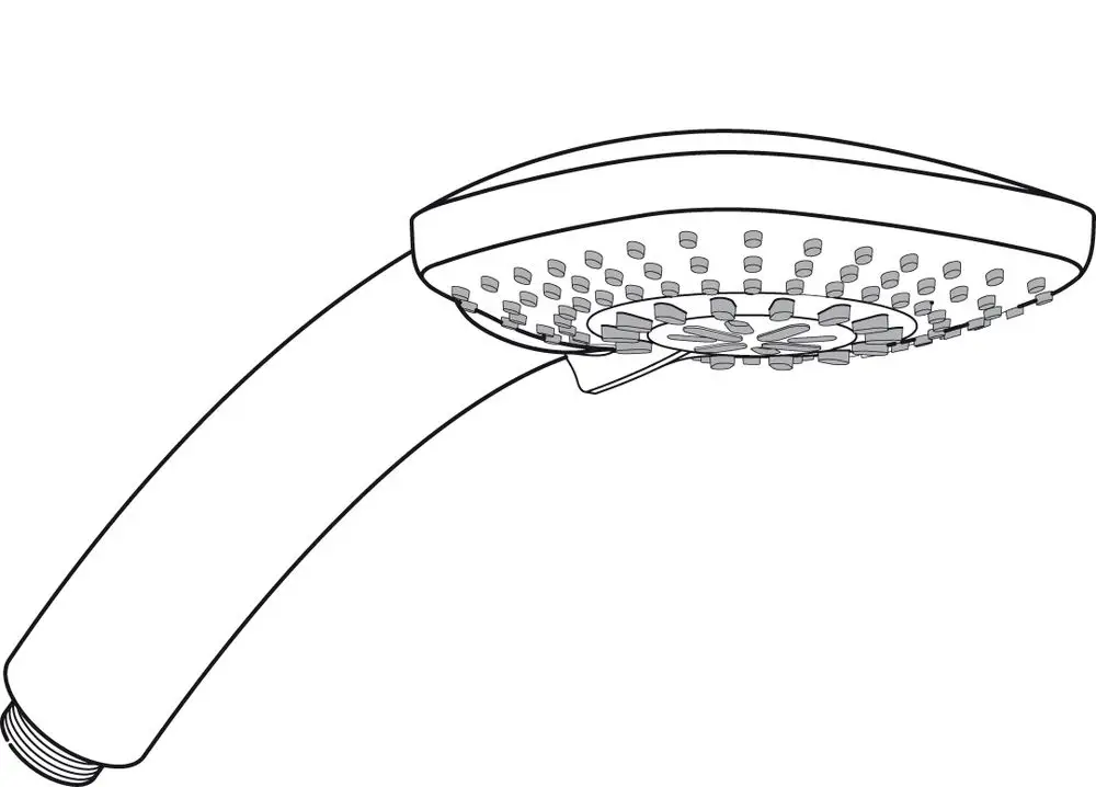 Handbrause von Ideal Standard mit abgerundetem Kopf und sichtbaren Düsen, montiert in einem gebogenen Arm. Die Oberfläche ist glatt und bietet einen ansprechenden Wasserstrahl.